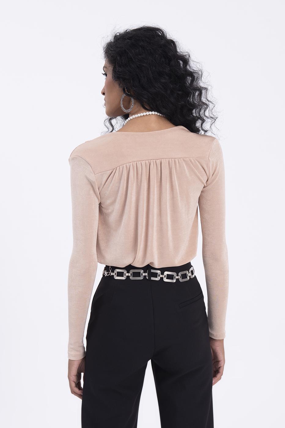 Bayan Bej Kruvaze Yaka Dekolteli Bodysuit