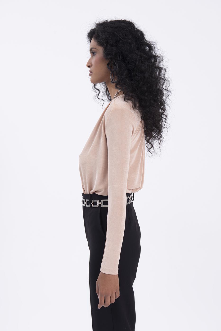 Bayan Bej Kruvaze Yaka Dekolteli Bodysuit