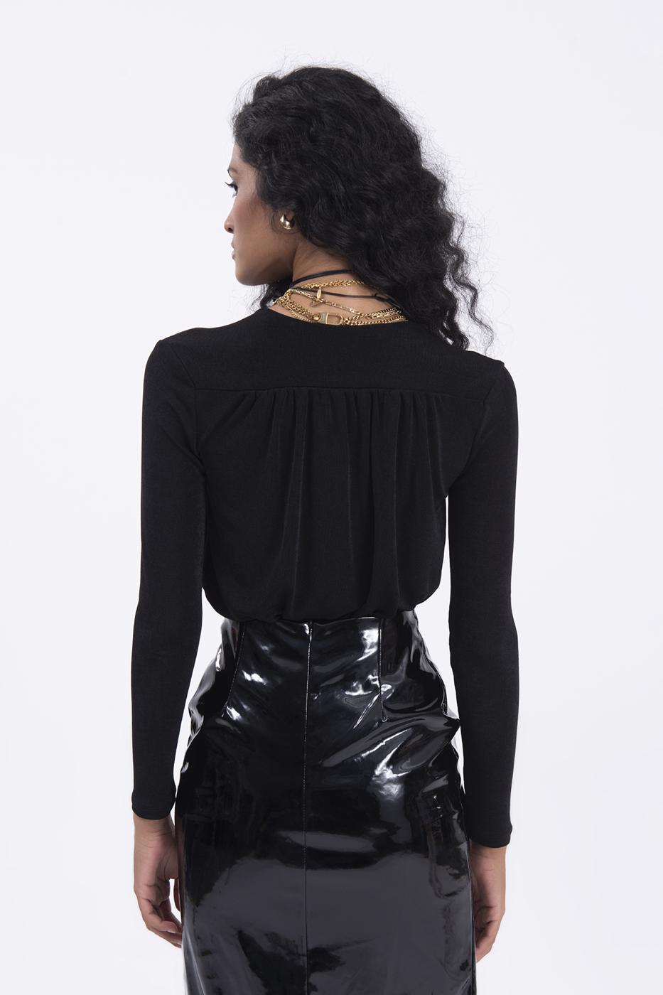 Bayan Siyah Kruvaze Yaka Dekolteli Bodysuit