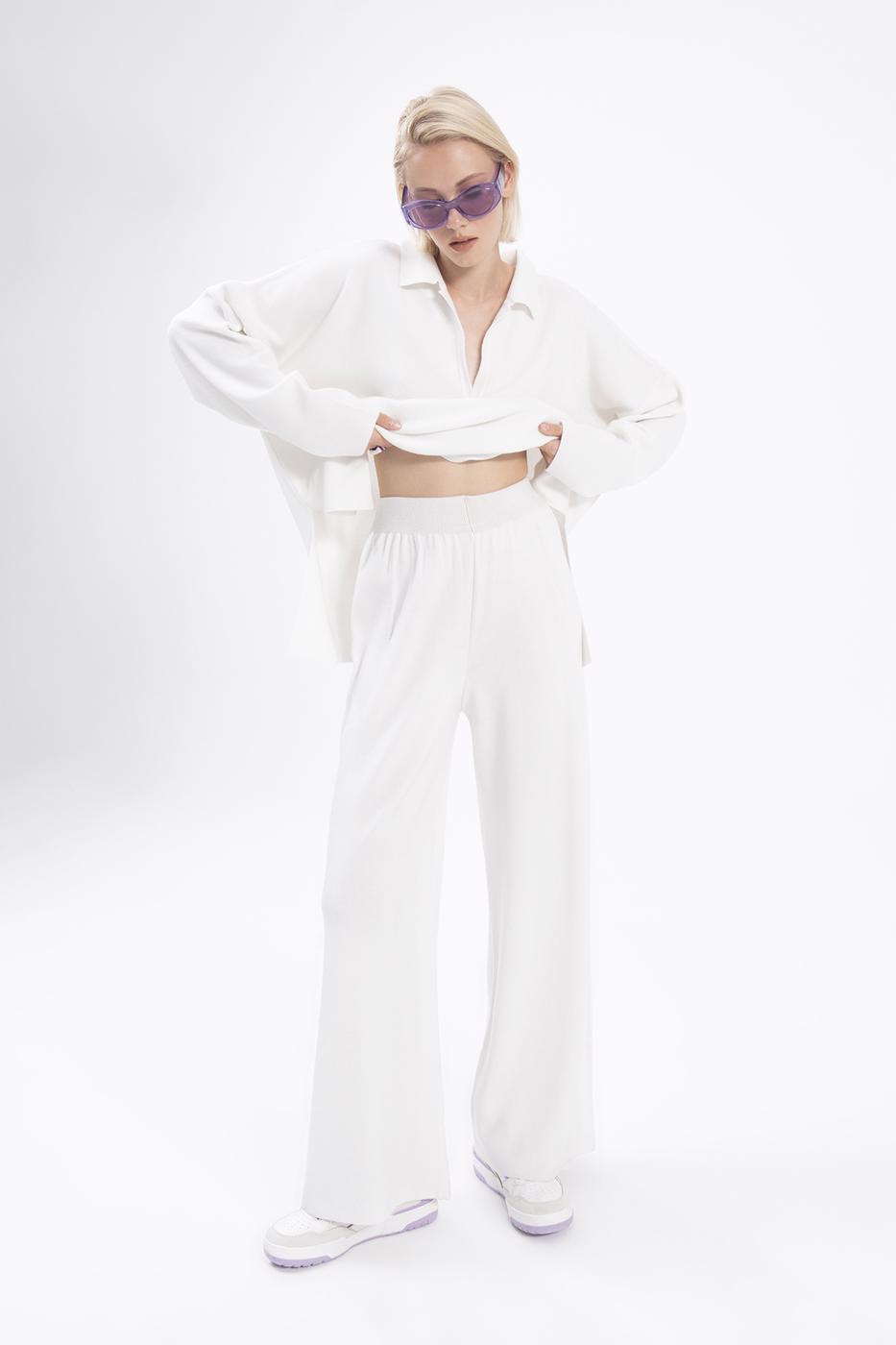 Bayan Krem Bol Paça Triko Pantolon