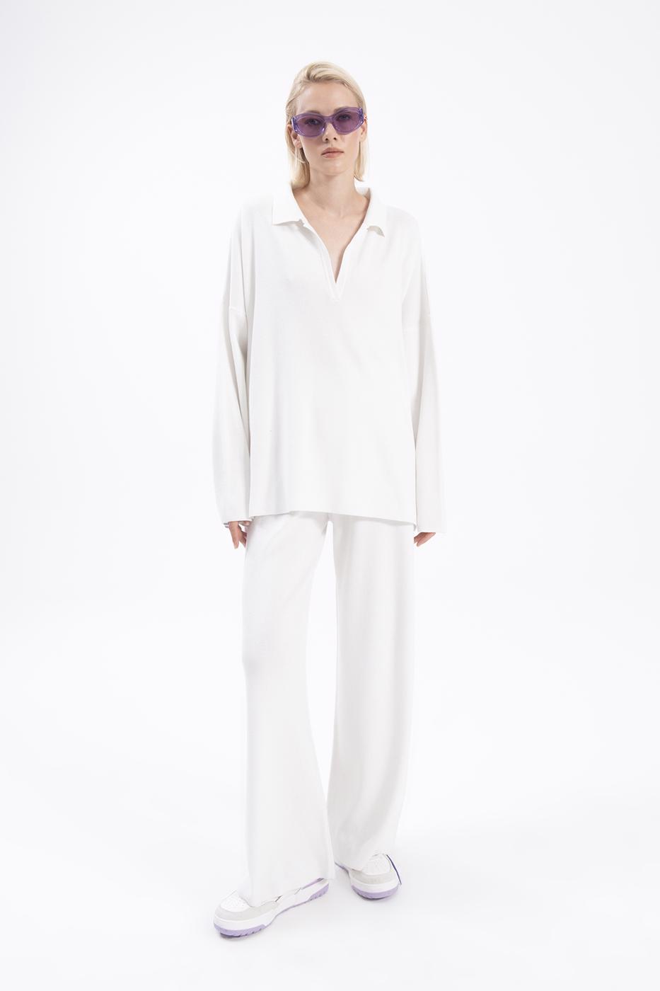 Bayan Krem Bol Paça Triko Pantolon