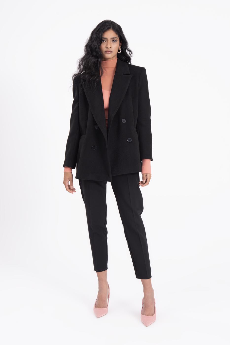 Bayan Siyah Kruvaze Kapama Blazer Ceket