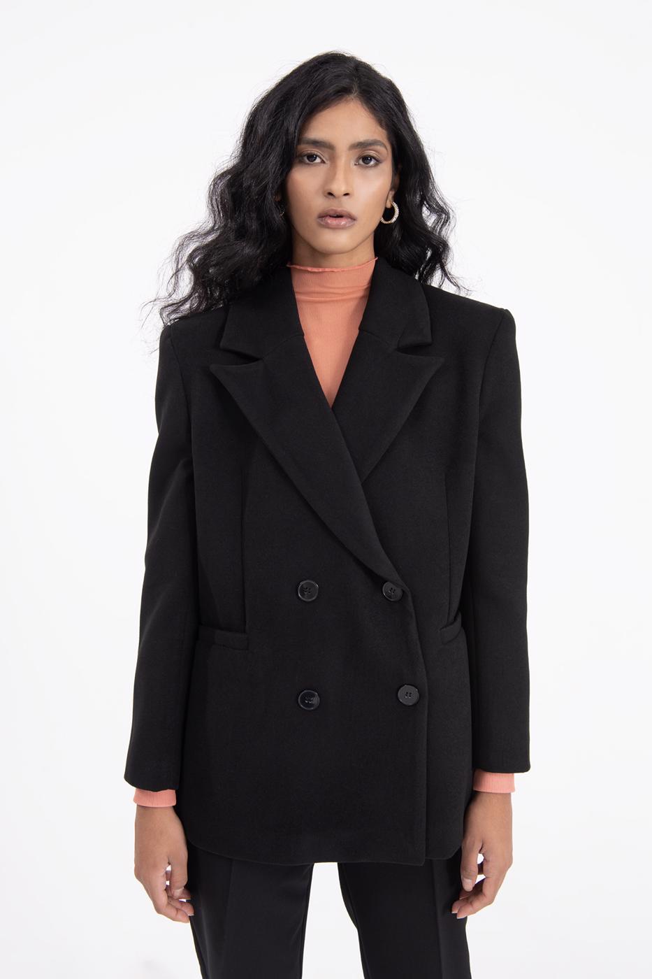 Bayan Siyah Kruvaze Kapama Blazer Ceket