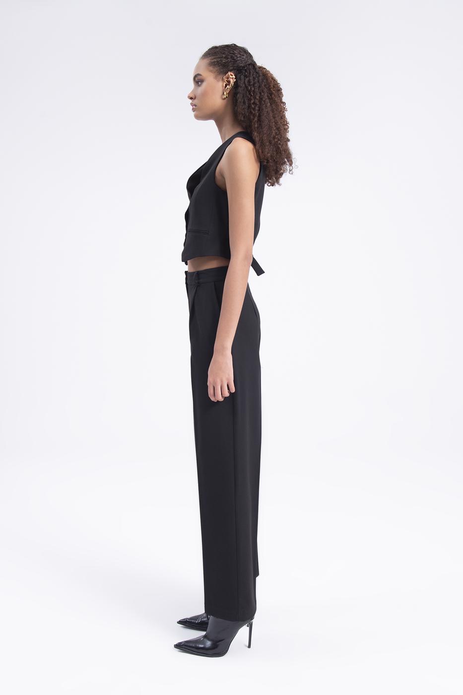 Bayan Siyah Pileli Bol Pantolon