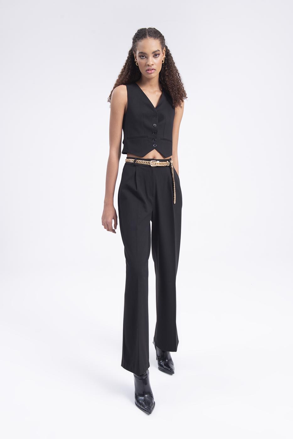 Bayan Siyah Pileli Bol Pantolon