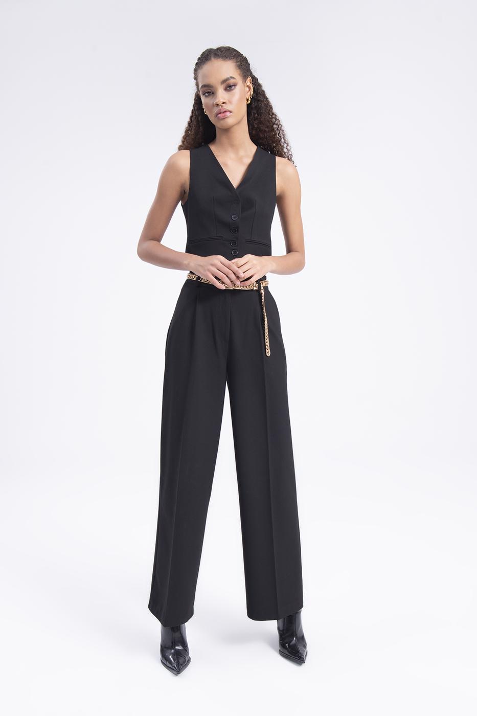 Bayan Siyah Pileli Bol Pantolon