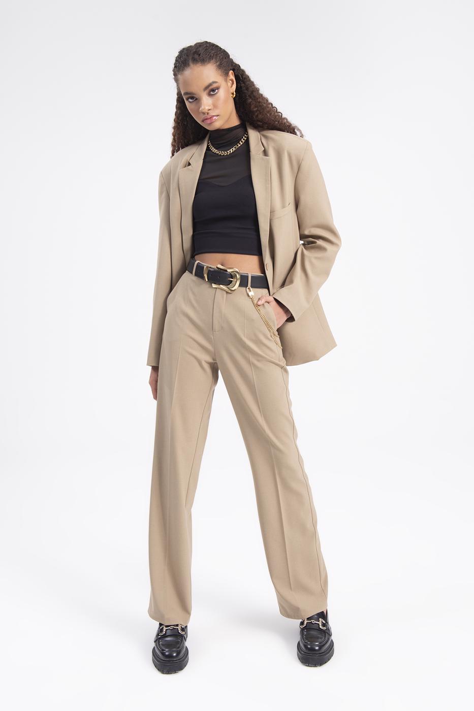 Bayan Bej Yüksek Bel Boru Paça Pantolon