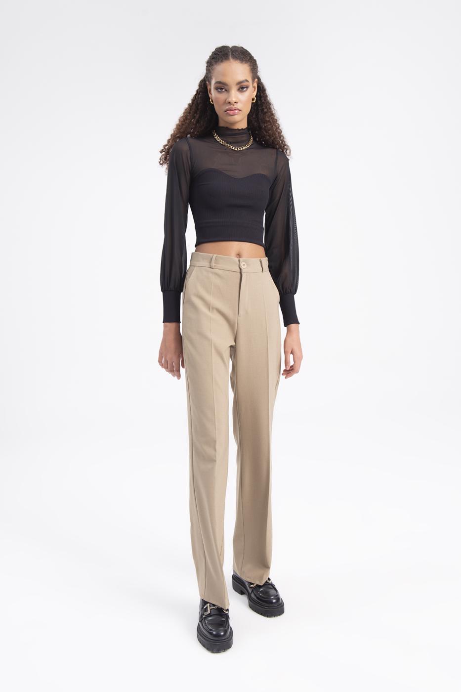 Bayan Bej Yüksek Bel Boru Paça Pantolon