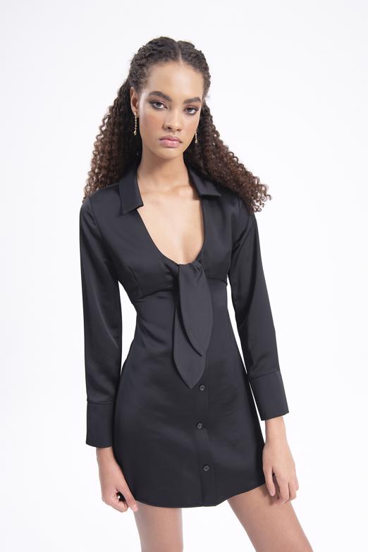 Bayan Siyah Yakalı Mini Elbise - BSL