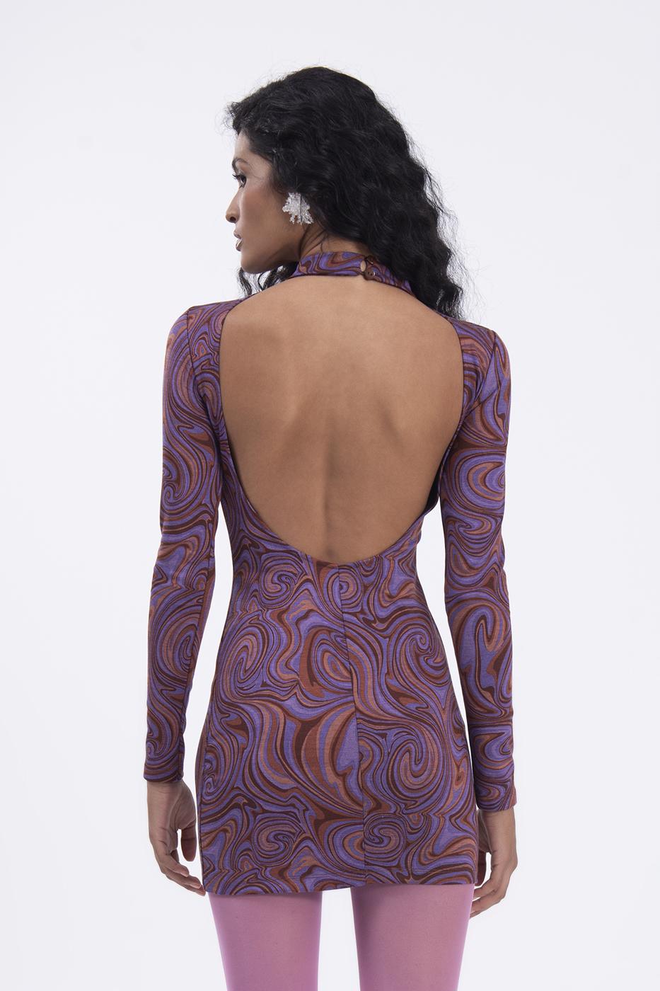 Bayan Mor Sırt Dekolteli Mini Elbise