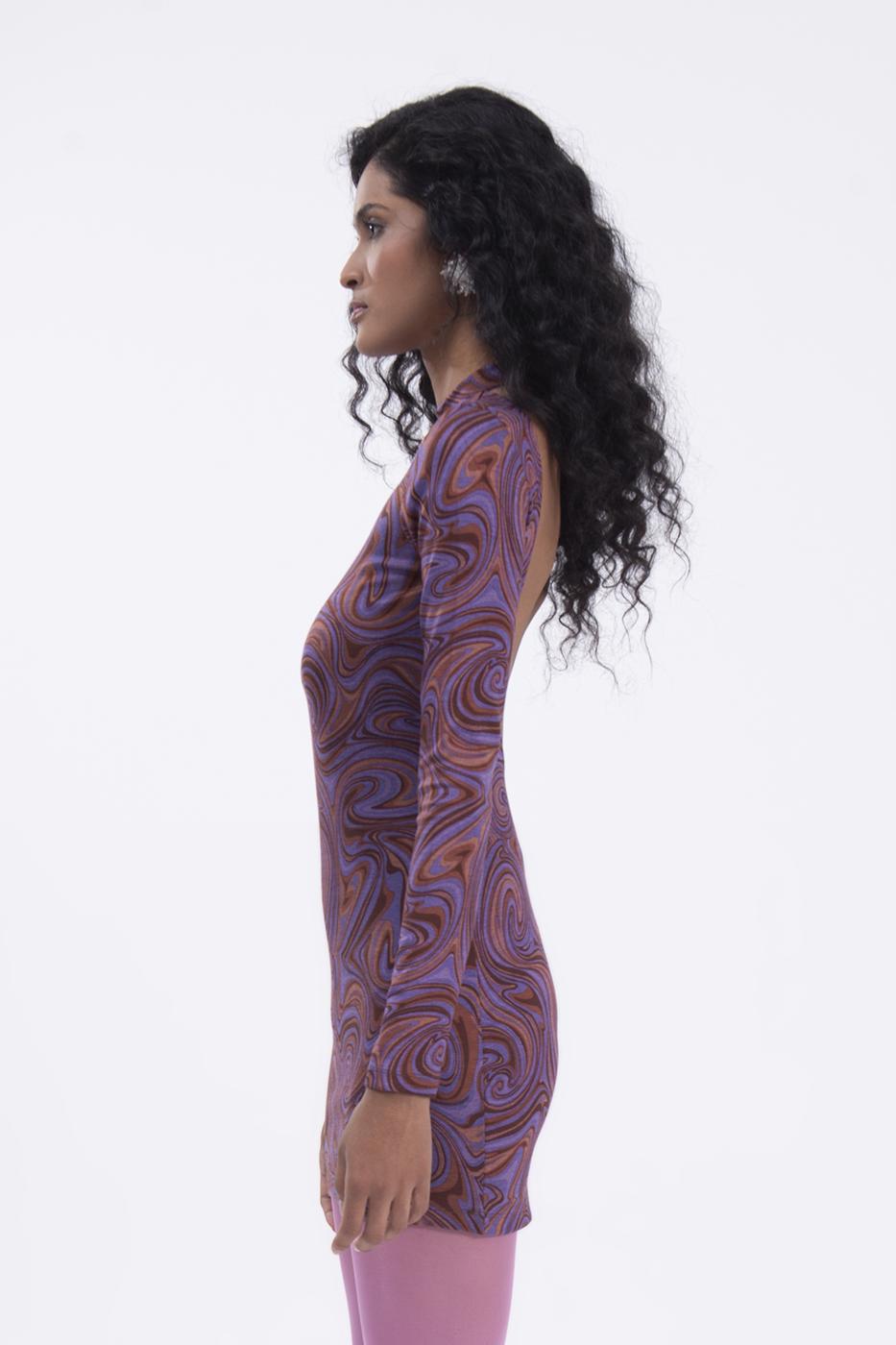 Bayan Mor Sırt Dekolteli Mini Elbise