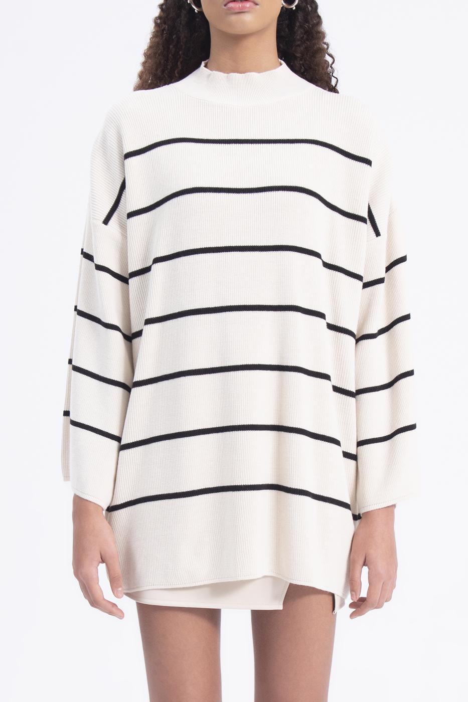 Bayan Bej Dik Yakalı Oversize Çizgili Triko Mini Elbise