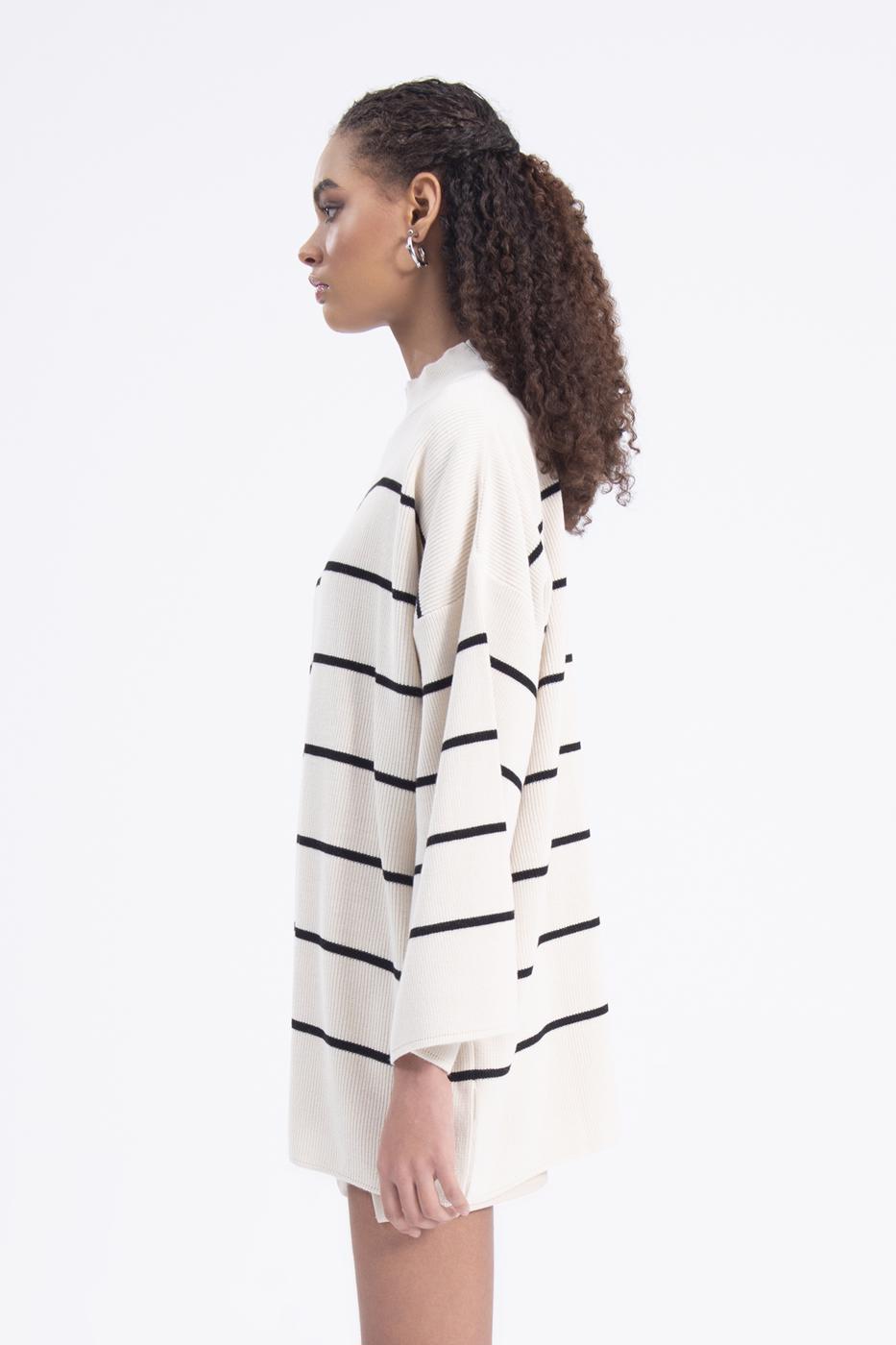 Bayan Bej Dik Yakalı Oversize Çizgili Triko Mini Elbise