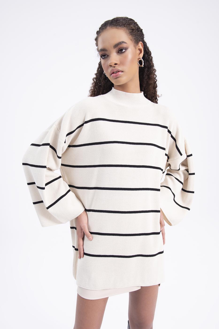 Bayan Bej Dik Yakalı Oversize Çizgili Triko Mini Elbise