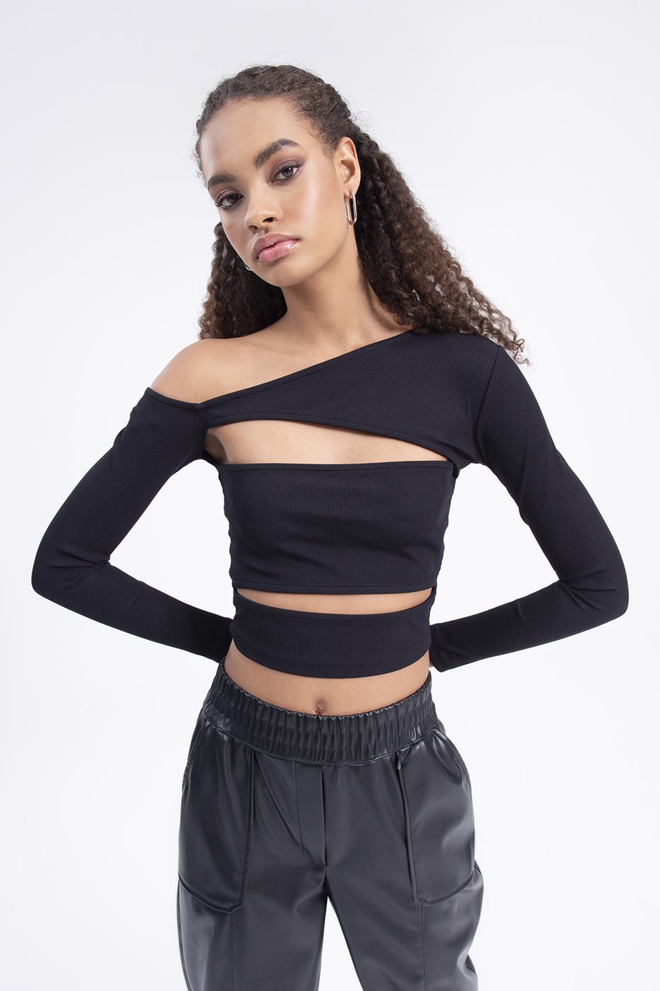 Bayan Siyah Omuz Dekolteli Pencereli Crop Top