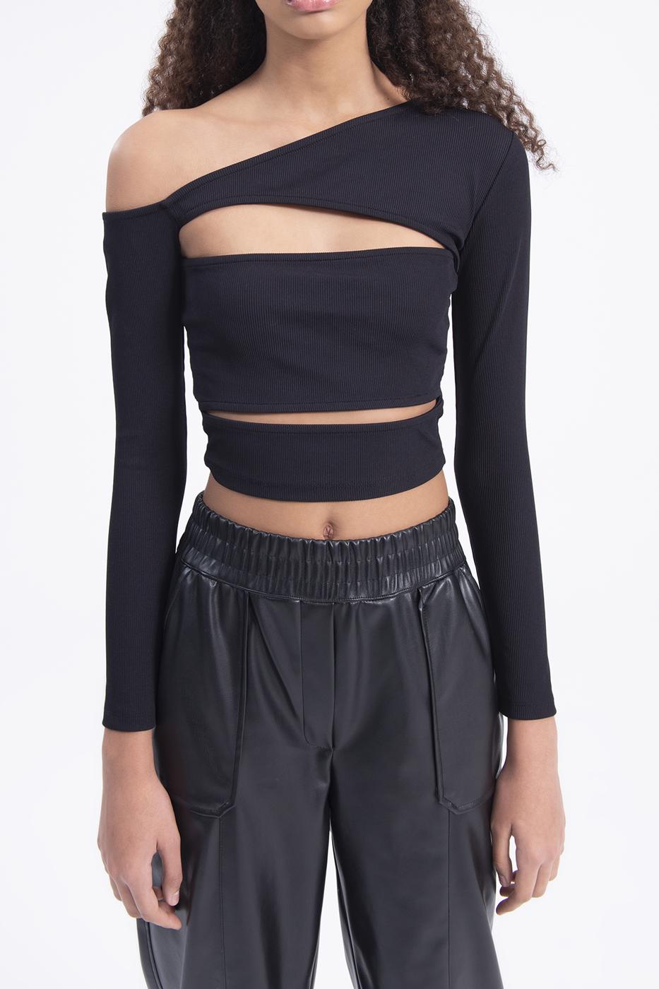 Bayan Siyah Omuz Dekolteli Pencereli Crop Top
