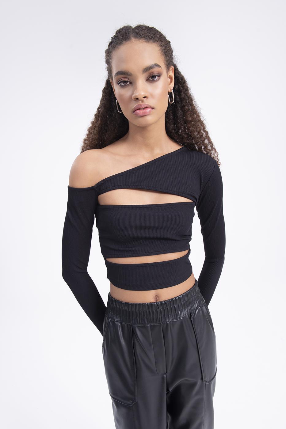 Bayan Siyah Omuz Dekolteli Pencereli Crop Top
