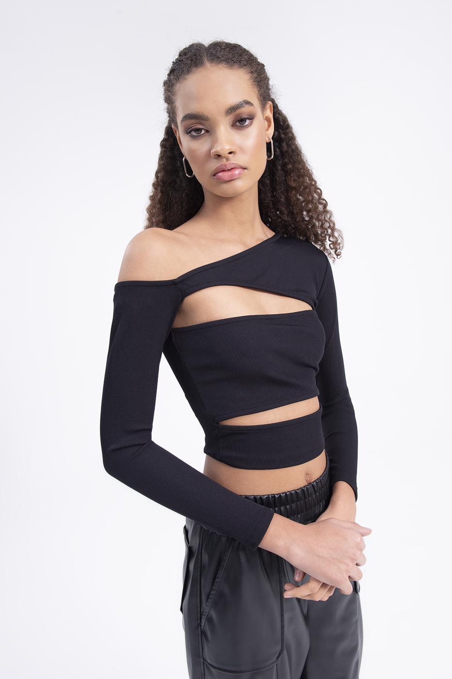 Bayan Siyah Omuz Dekolteli Pencereli Crop Top