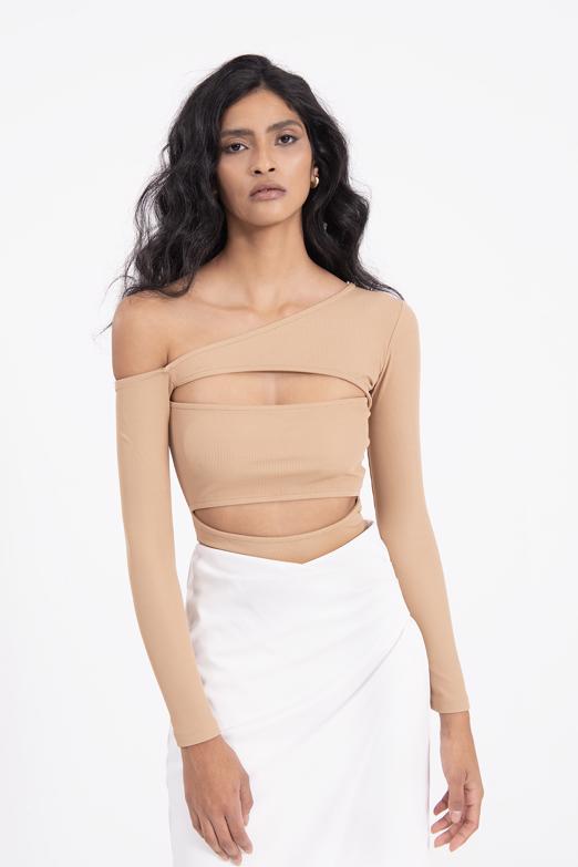 Bayan Kahverengi Omuz Dekolteli Pencereli Crop Top - BSL