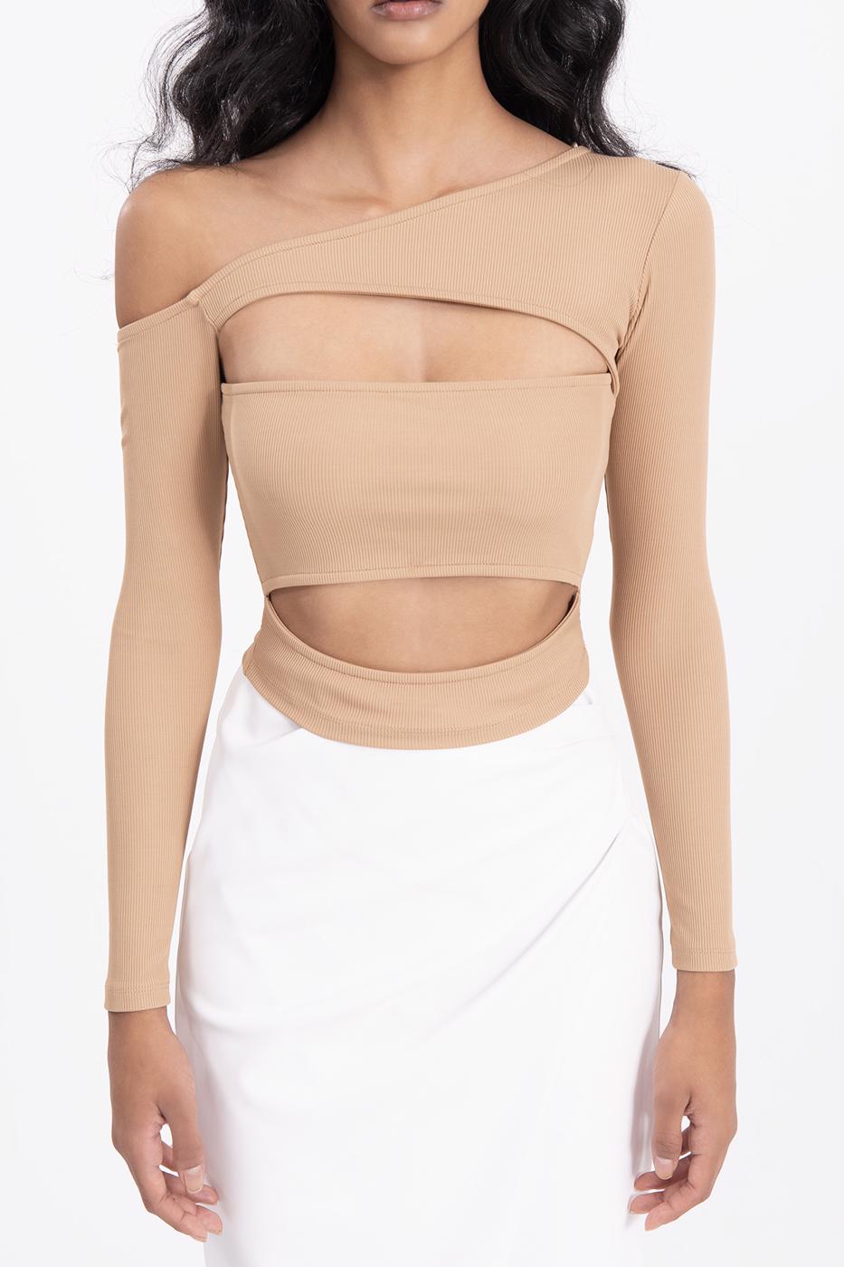 Bayan Kahverengi Omuz Dekolteli Pencereli Crop Top