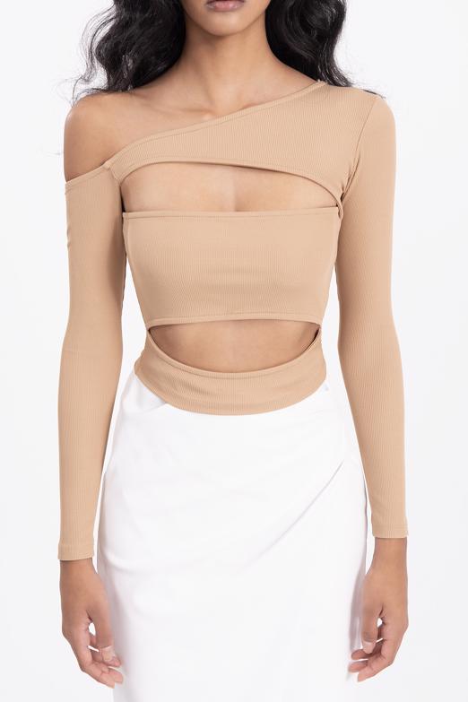 Bayan Kahverengi Omuz Dekolteli Pencereli Crop Top - BSL