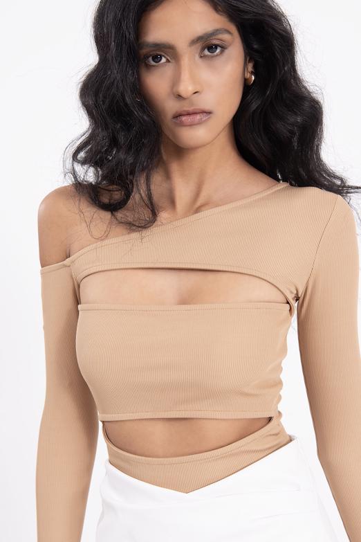 Bayan Kahverengi Omuz Dekolteli Pencereli Crop Top - BSL