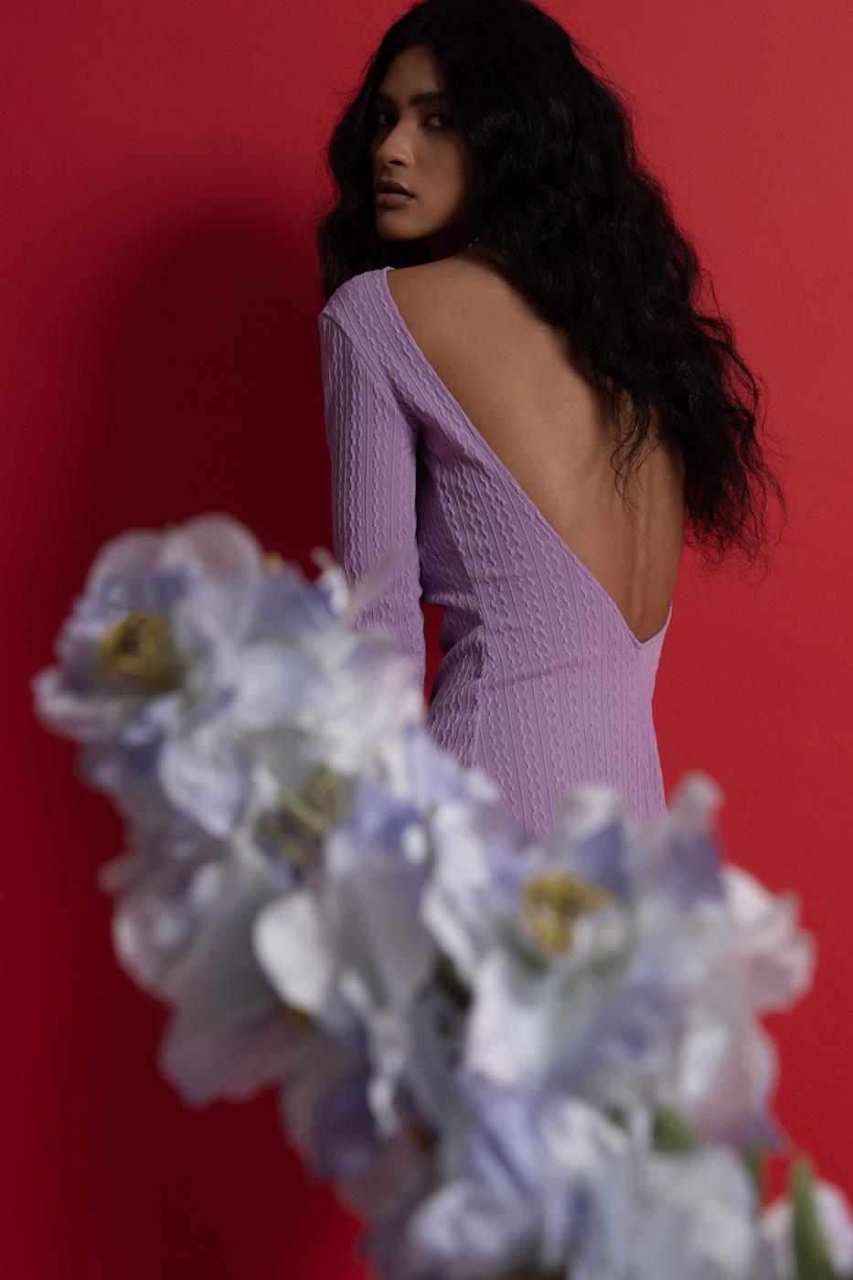 Bayan Lila Kayık Yaka Sırt Dekolteli Mini Elbise