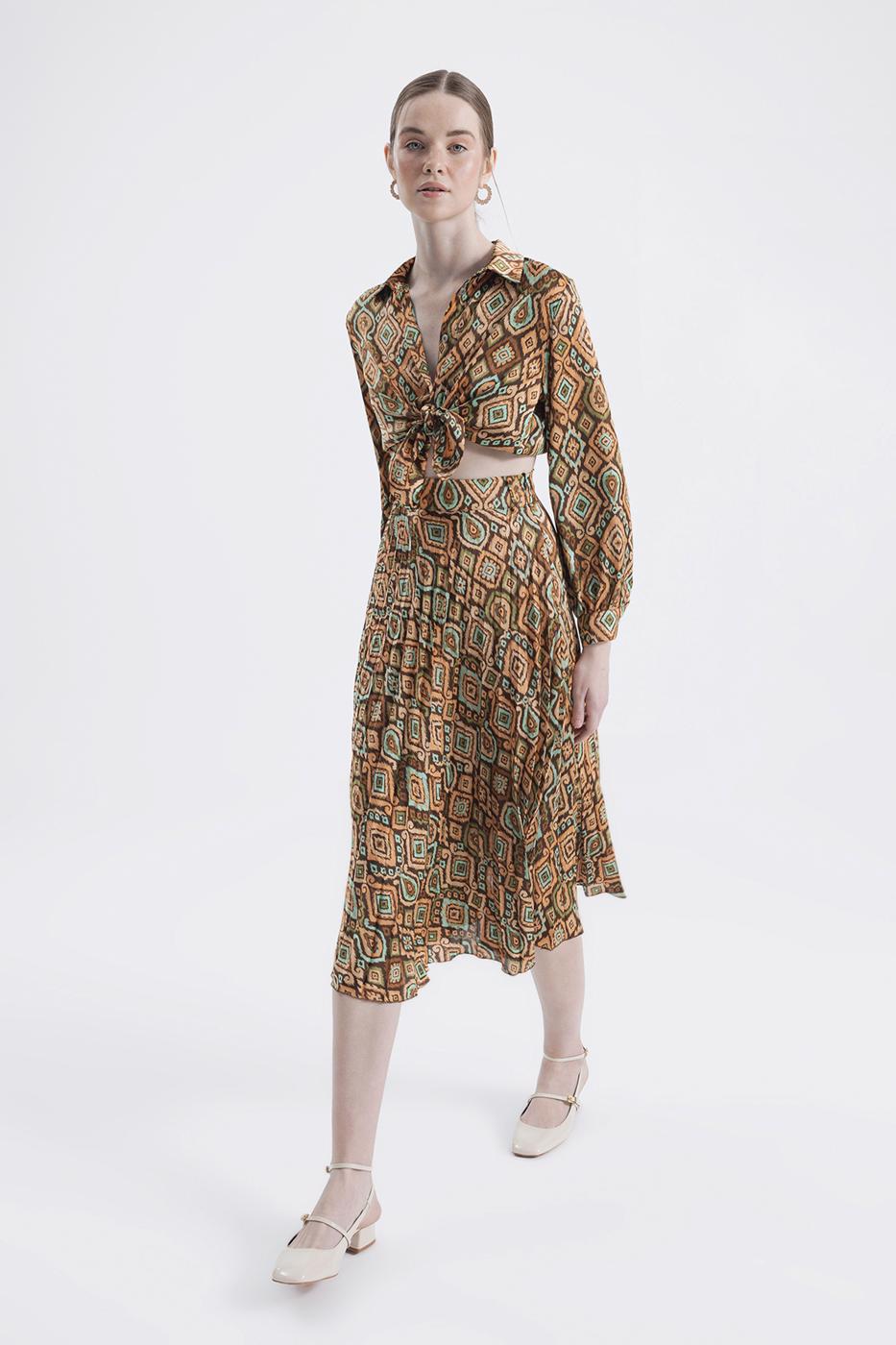 Bayan Kahverengi Piliseli Midi Boy Desenli Etek