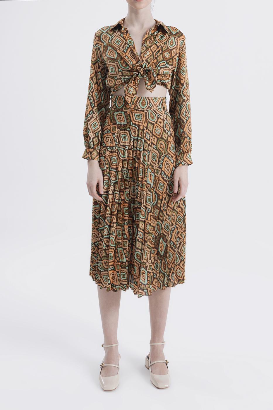 Bayan Kahverengi Piliseli Midi Boy Desenli Etek