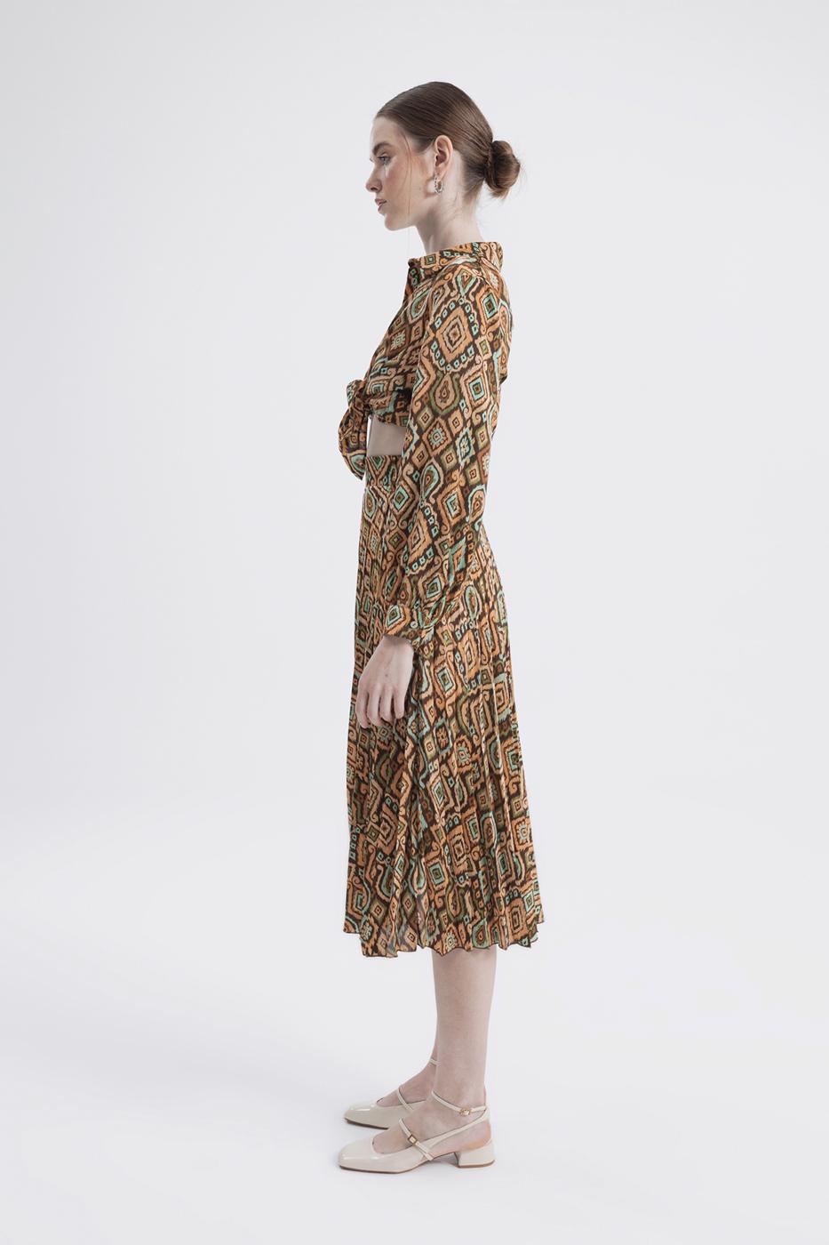 Bayan Kahverengi Piliseli Midi Boy Desenli Etek