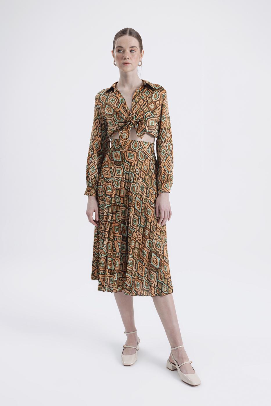 Bayan Kahverengi Piliseli Midi Boy Desenli Etek