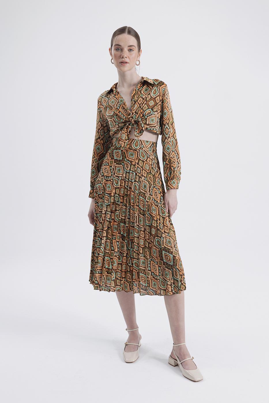 Bayan Kahverengi Piliseli Midi Boy Desenli Etek