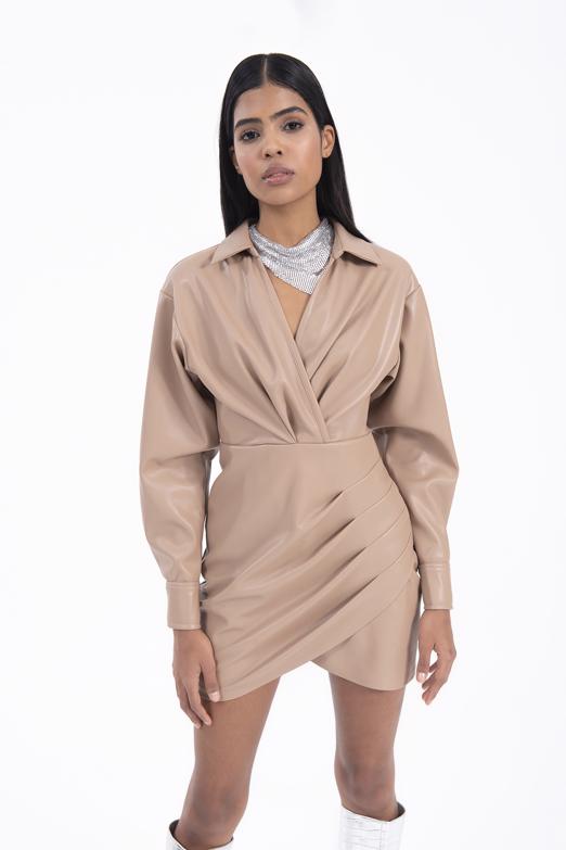 Bayan Kahverengi Drapeli Mini Suni Deri Elbise - BSL
