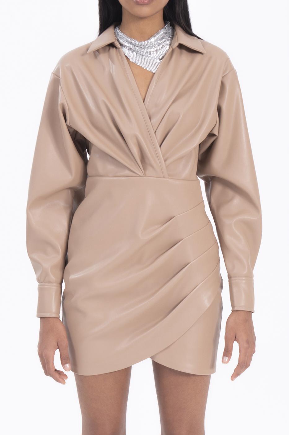 Bayan Kahverengi Drapeli Mini Suni Deri Elbise
