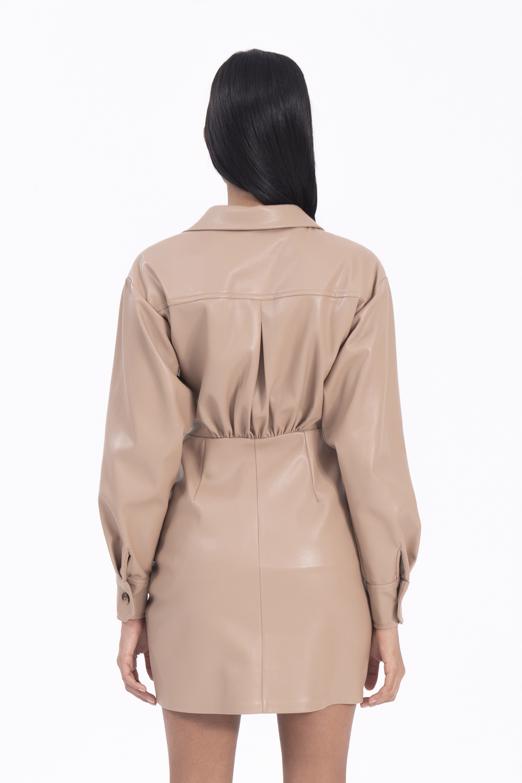 Bayan Kahverengi Drapeli Mini Suni Deri Elbise - BSL