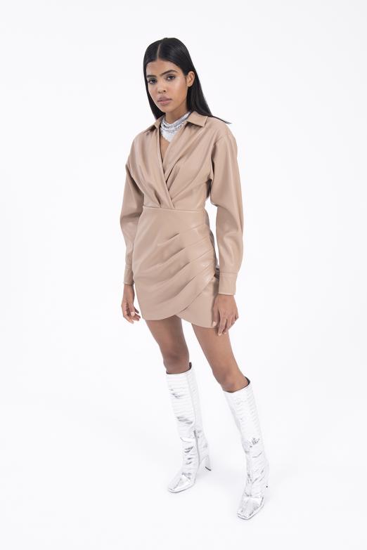 Bayan Kahverengi Drapeli Mini Suni Deri Elbise - BSL