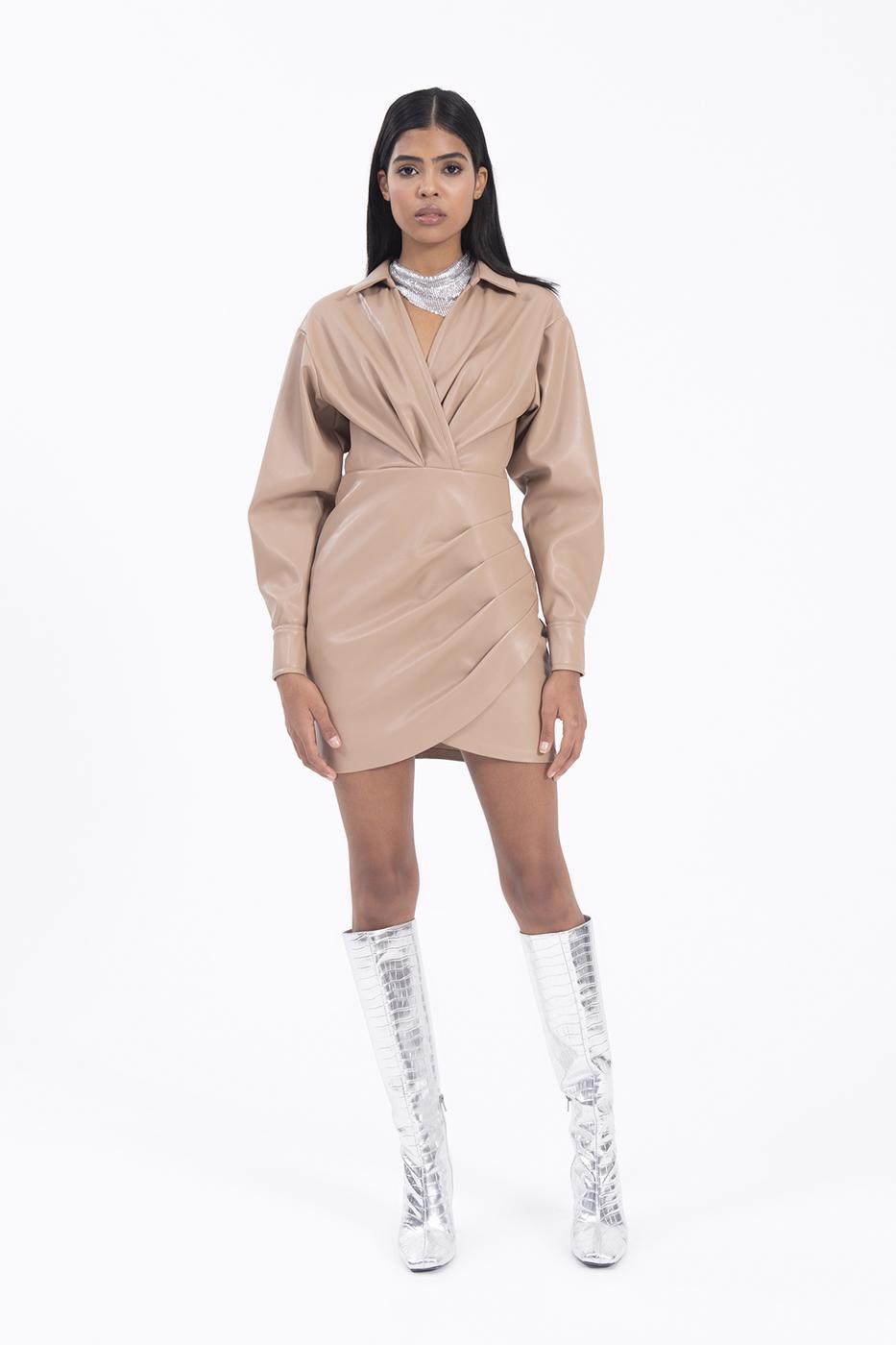 Bayan Kahverengi Drapeli Mini Suni Deri Elbise