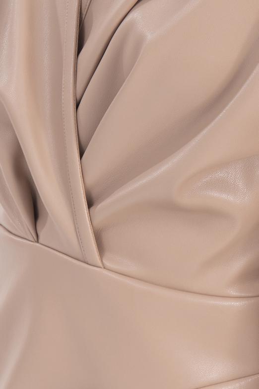 Bayan Kahverengi Drapeli Mini Suni Deri Elbise - BSL