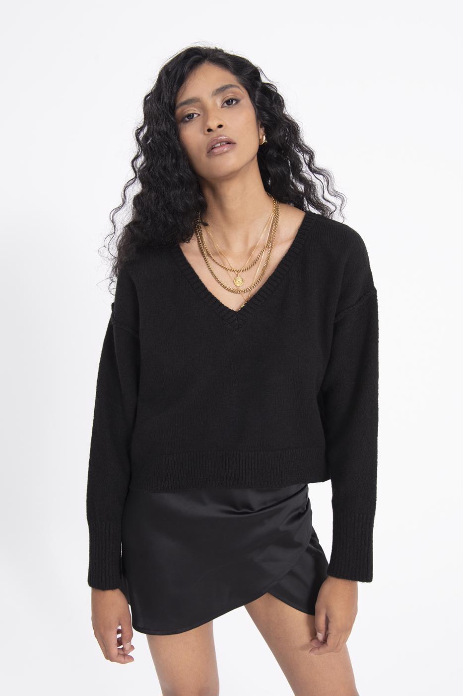 Bayan Siyah V Yakalı Triko Kazak