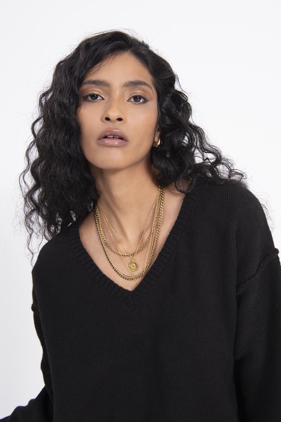 Bayan Siyah V Yakalı Triko Kazak