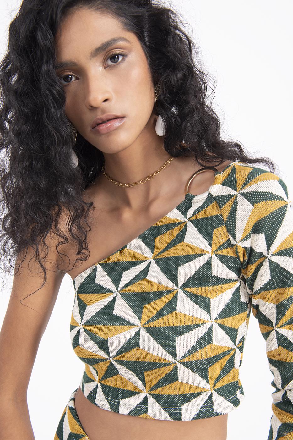 Bayan Yeşil Tek Omuz Detaylı Top