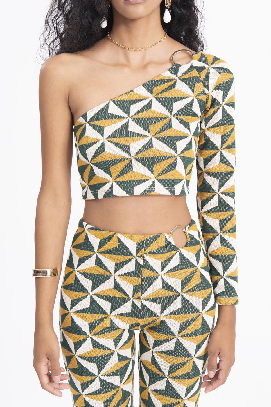 Bayan Yeşil Tek Omuz Detaylı Top