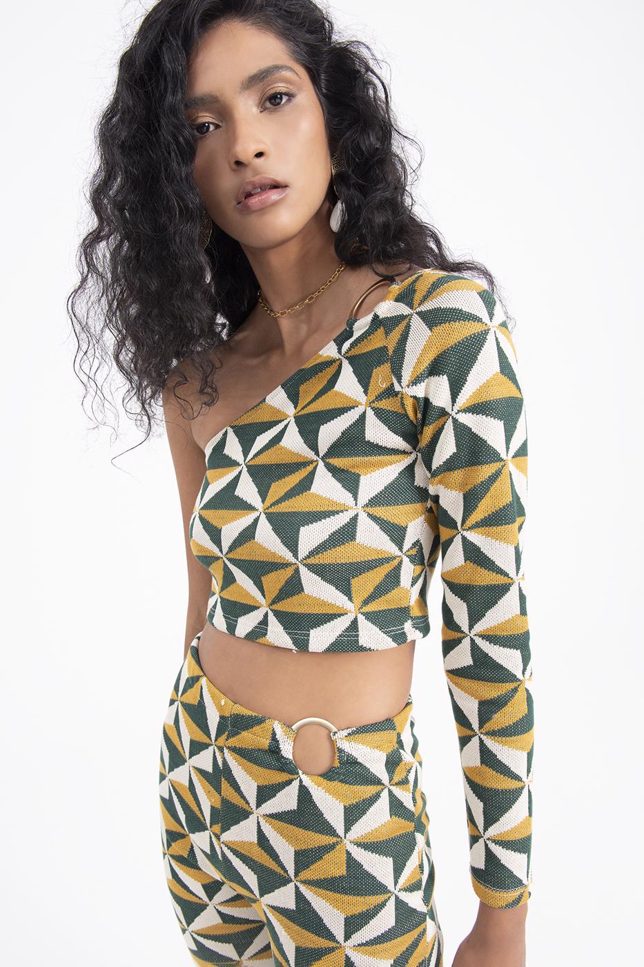 Bayan Yeşil Tek Omuz Detaylı Top