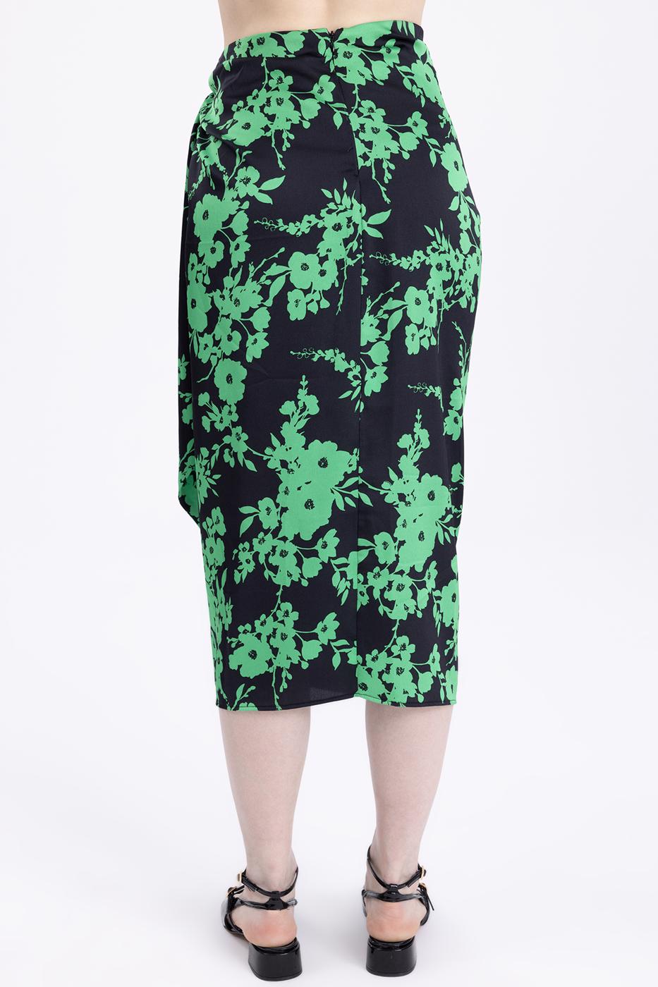 Bayan Yeşil Derin Yırtmaç Detaylı Midi Etek