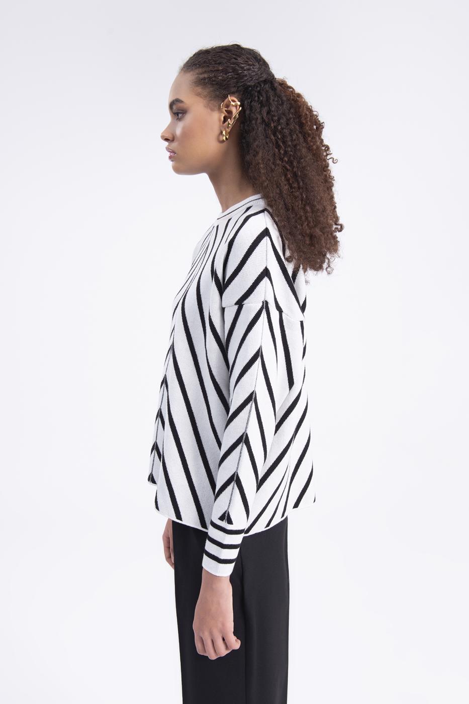 Bayan Ekru Verev Çizgili Kazak