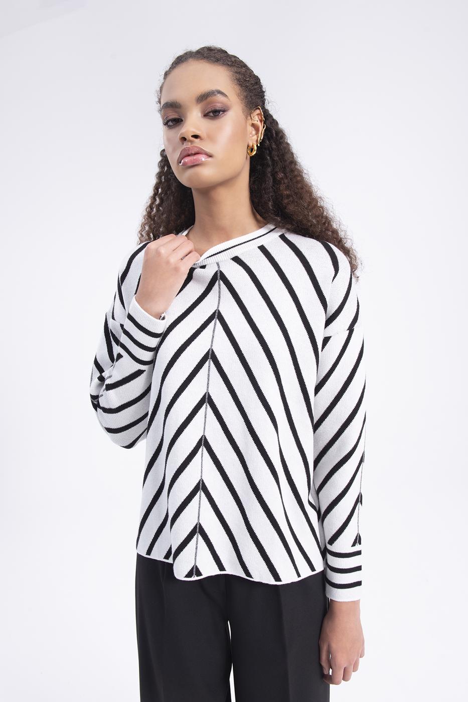 Bayan Ekru Verev Çizgili Kazak