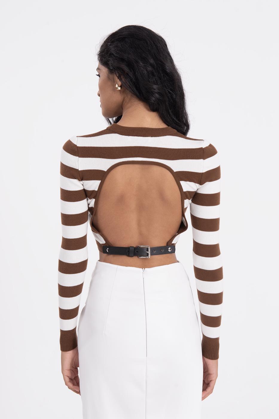 Bayan Kahverengi Sırt Dekolteli Triko Top