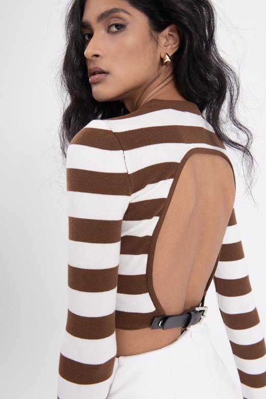 Bayan Kahverengi Sırt Dekolteli Triko Top - BSL