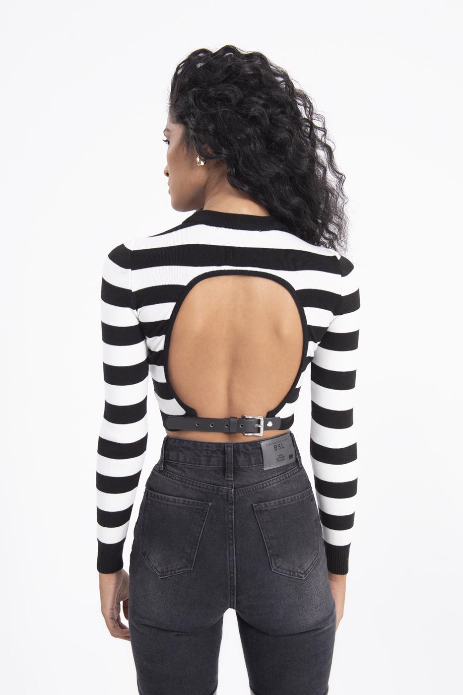 Bayan Siyah Sırt Dekolteli Triko Top