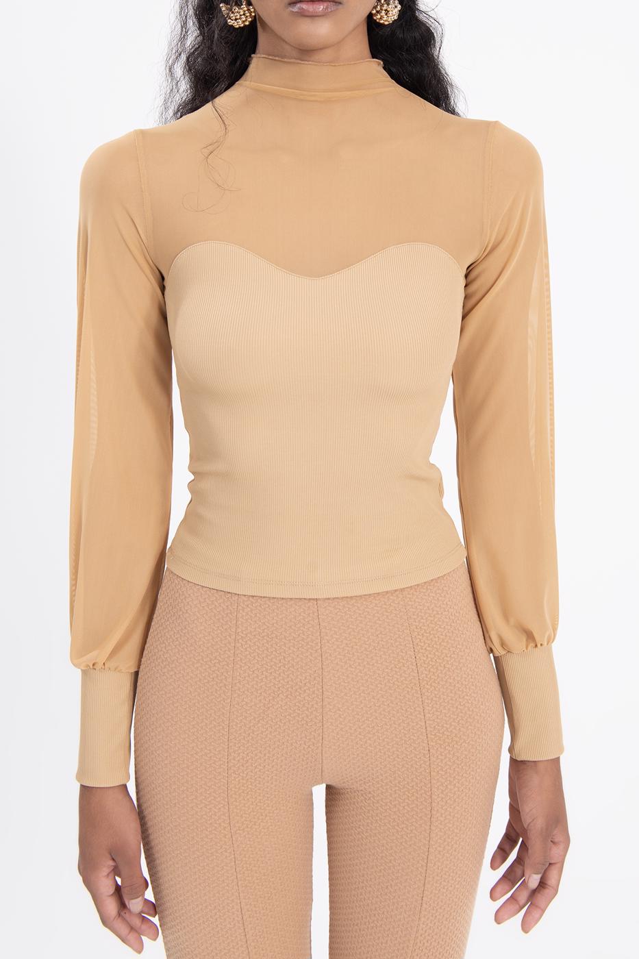 Bayan Bej Balon Kollu Transparan Detaylı Bluz